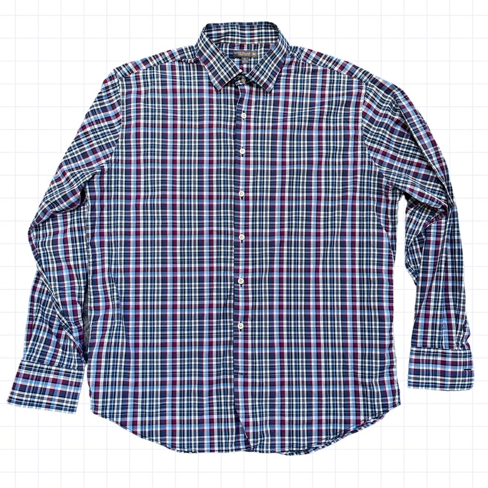 Peter Millar Summer Comfort Shirt Men X-Large Blue Plaid Long Sleeve Button Down